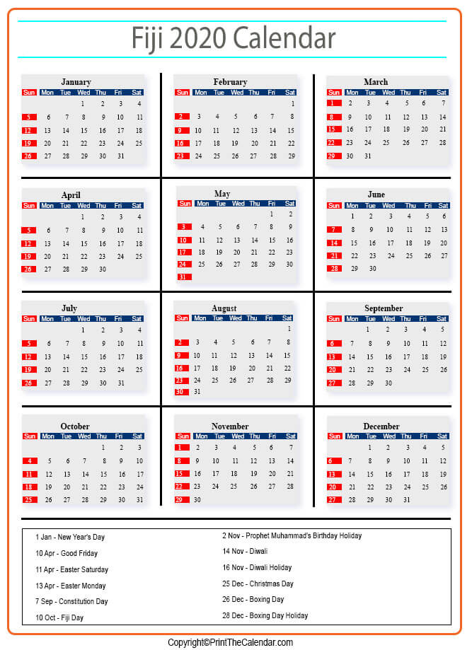 Fiji Calendar 2020